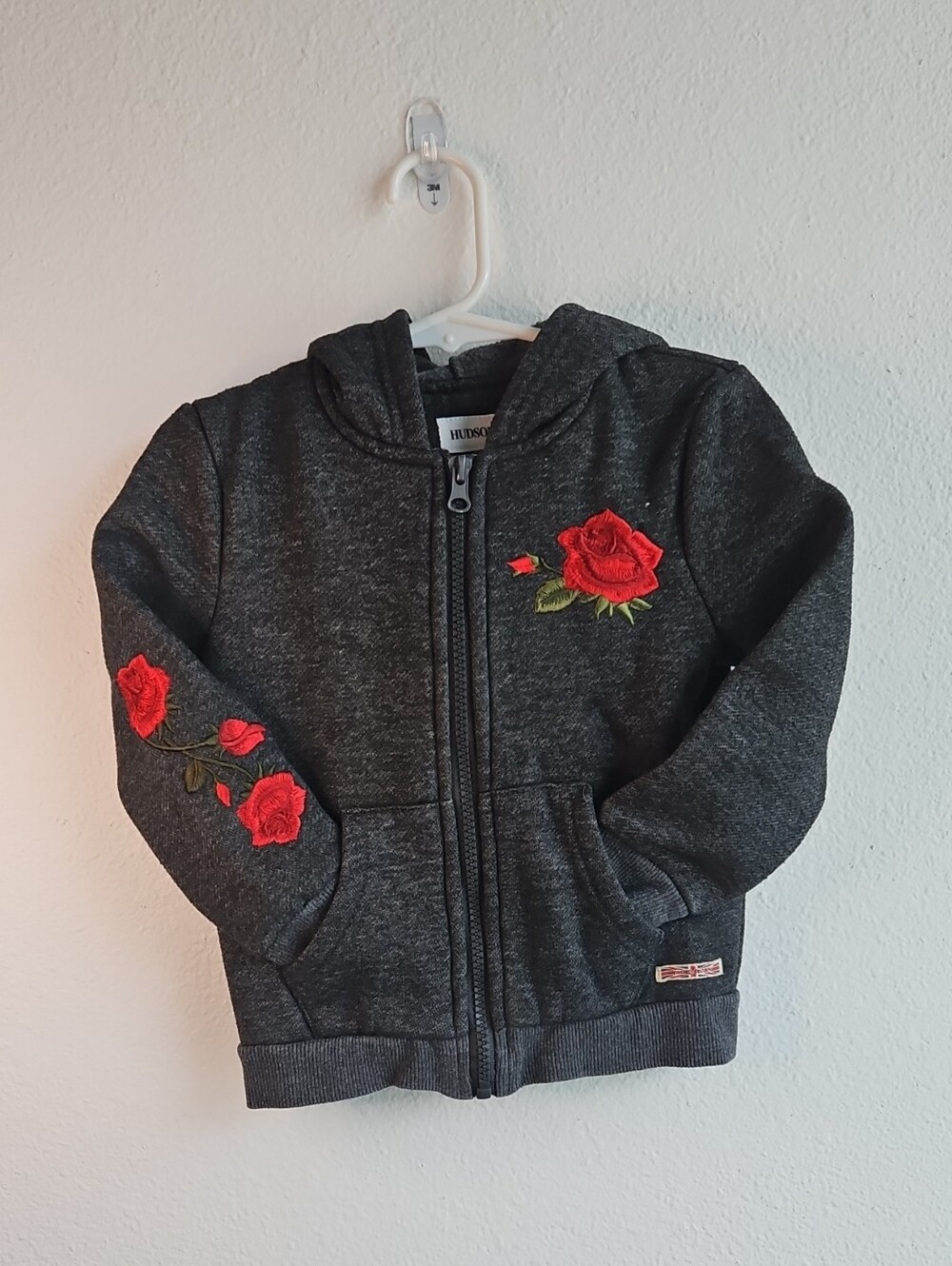 Hudson Jeans Kids Dark Charcoal Hoodie with Red Rose Embroidery Toddler 3T